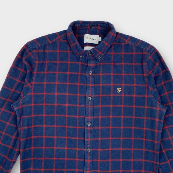 Farah Shirt Mens Small Slim Fit Flannel Windowpane Check Navy Logo Button Down - Picture 6 of 13